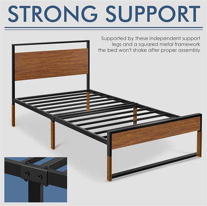 Yaheetech Twin Size Bed Frame, Single Metal Platform Bed with Rustic Wooden Headboard and Footboard, No Box Spring Needed/12 Inch Underbed Storage Space/No Noise/Easy Assembly, Walnut