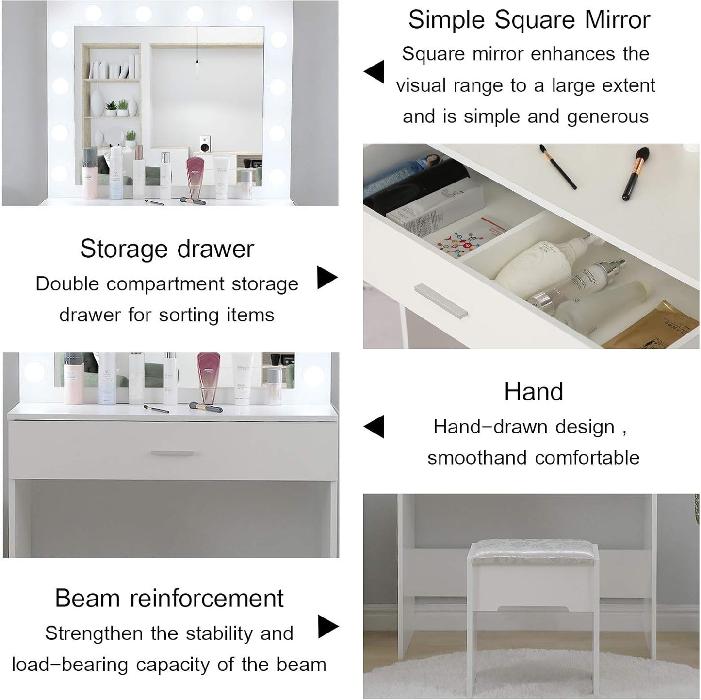 Vanity Table/Vanity Benches,Makeup Vanity Mirror with 12 Lights and Table Set for Bedroom,Vanity Desk with Drawers,Black/White Dresser,Vanity Chair (A-White), 321