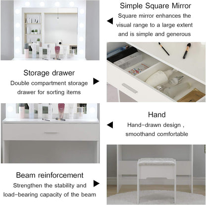 Vanity Table/Vanity Benches,Makeup Vanity Mirror with 12 Lights and Table Set for Bedroom,Vanity Desk with Drawers,Black/White Dresser,Vanity Chair (A-White), 321