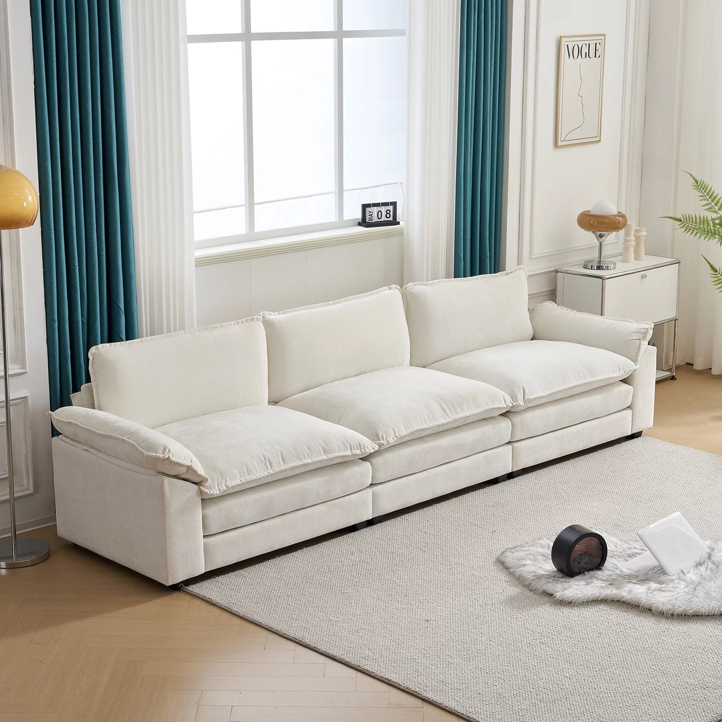 120" W Sectional Sofa L Shaped Couch with Chaise Living Room Sleeper Set, 3 Seats with Chenille and Double Layer Cushions Beige
