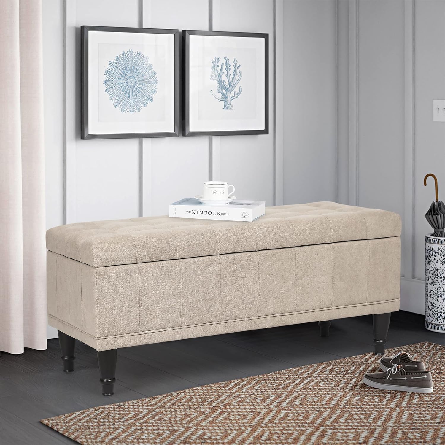 Storage Ottoman Linen Fabric Upholstered Tufted Bench with Wood Legs, Rectangular Coffee Table Footstool for Bedroom Living Room Entryway (Beige)