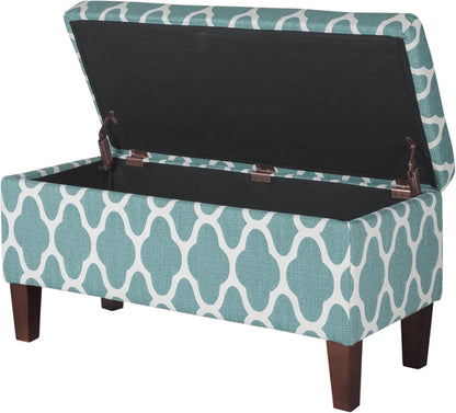 Large Upholstered Rectangular Storage Ottoman Bench with Hinged Lid, Teal Blue Geometric