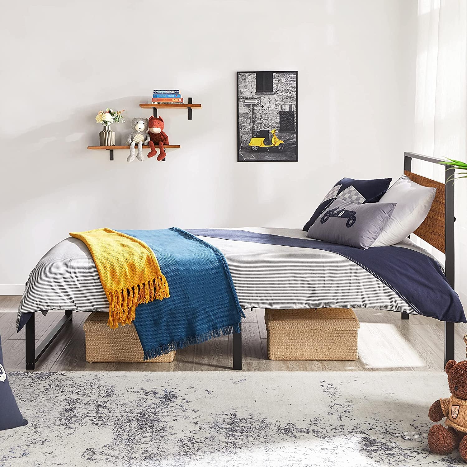 Yaheetech Twin Size Bed Frame, Single Metal Platform Bed with Rustic Wooden Headboard and Footboard, No Box Spring Needed/12 Inch Underbed Storage Space/No Noise/Easy Assembly, Walnut