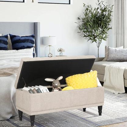 Storage Ottoman Linen Fabric Upholstered Tufted Bench with Wood Legs, Rectangular Coffee Table Footstool for Bedroom Living Room Entryway (Beige)