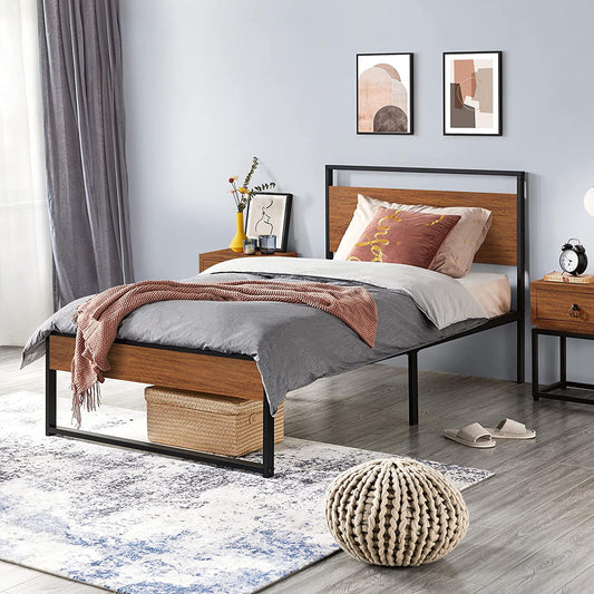 Yaheetech Twin Size Bed Frame, Single Metal Platform Bed with Rustic Wooden Headboard and Footboard, No Box Spring Needed/12 Inch Underbed Storage Space/No Noise/Easy Assembly, Walnut