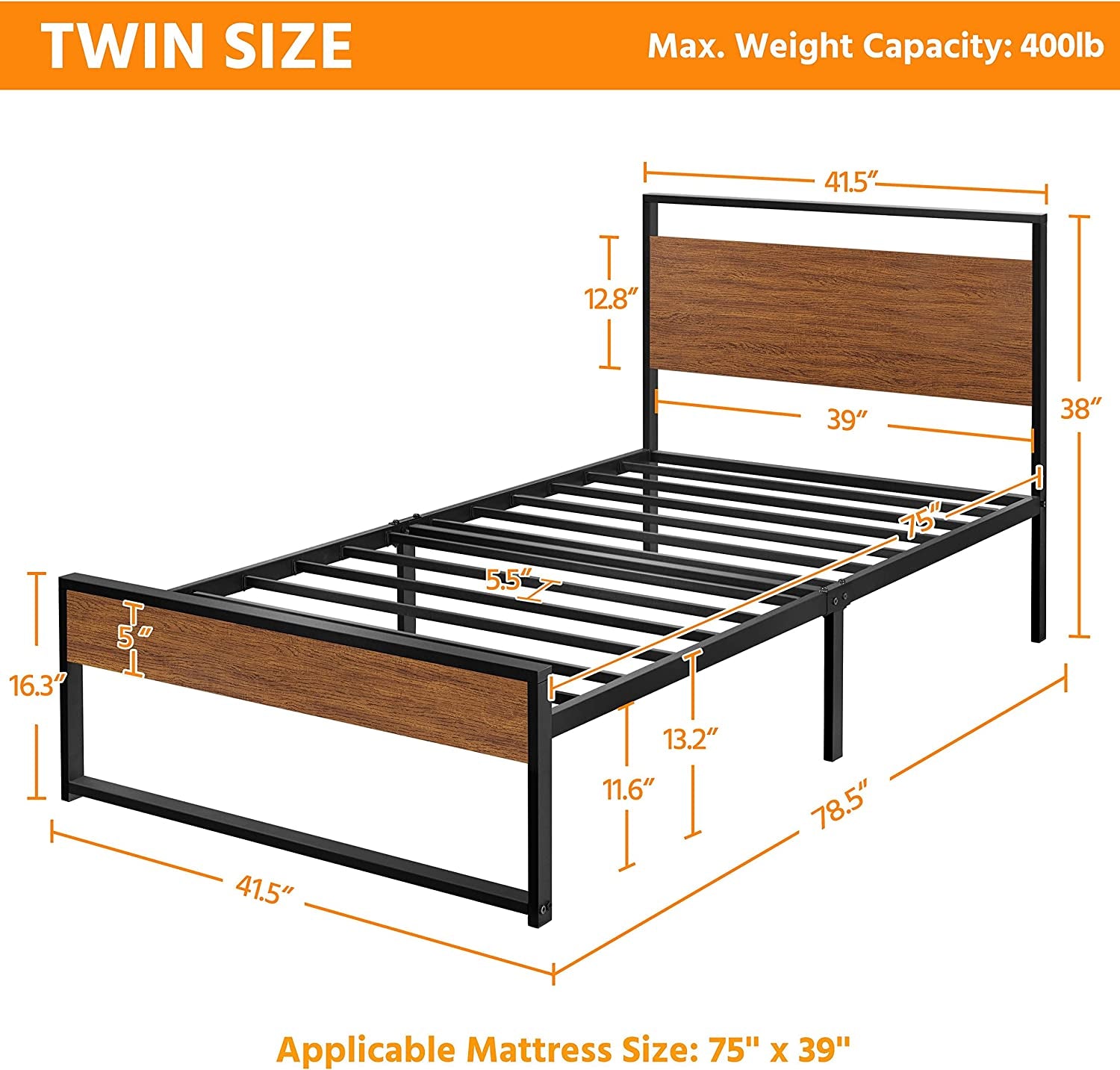 Yaheetech Twin Size Bed Frame, Single Metal Platform Bed with Rustic Wooden Headboard and Footboard, No Box Spring Needed/12 Inch Underbed Storage Space/No Noise/Easy Assembly, Walnut