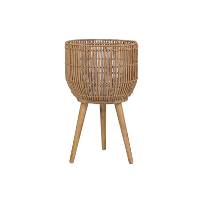 13 Inch round Brown Resin Rattan Planter & Stand with Acacia Wood Legs