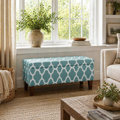 Large Upholstered Rectangular Storage Ottoman Bench with Hinged Lid, Teal Blue Geometric