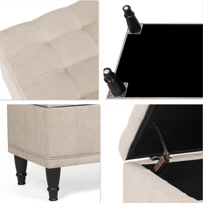 Storage Ottoman Linen Fabric Upholstered Tufted Bench with Wood Legs, Rectangular Coffee Table Footstool for Bedroom Living Room Entryway (Beige)