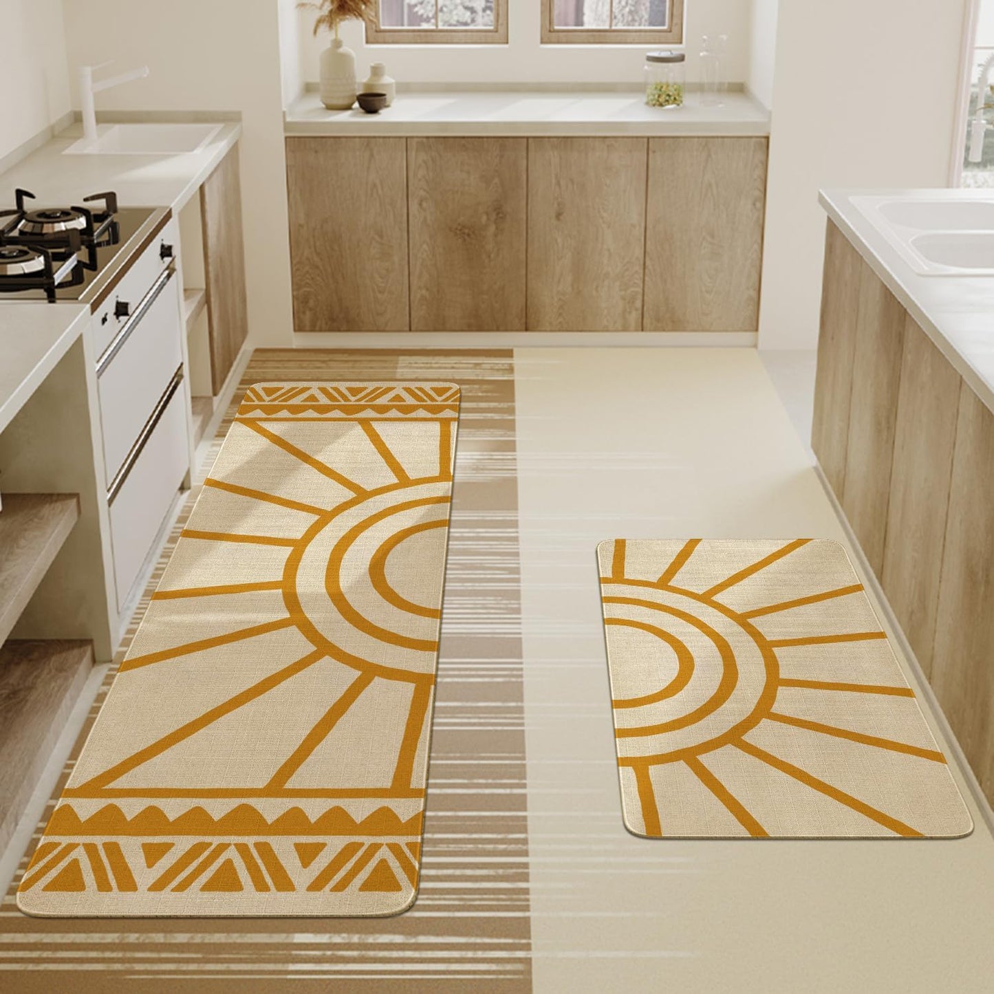 Boho Kitchen Mat Set of 2,Modern Farmhouse Sun Kitchen Rugs and Mats Non Skid Washable,Bohemia Runner Rugs with Rubber Backing for Kitchen Decor Accessories (17"X47"+17"X30")
