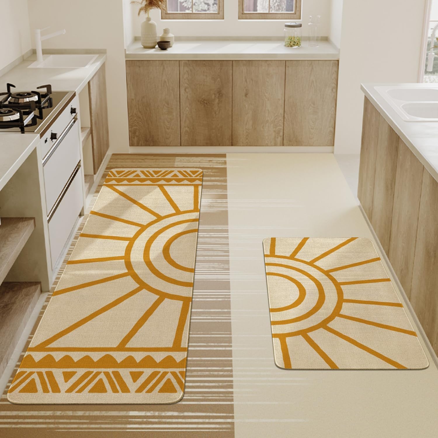 Boho Kitchen Mat Set of 2,Modern Farmhouse Sun Kitchen Rugs and Mats Non Skid Washable,Bohemia Runner Rugs with Rubber Backing for Kitchen Decor Accessories (17"X47"+17"X30")