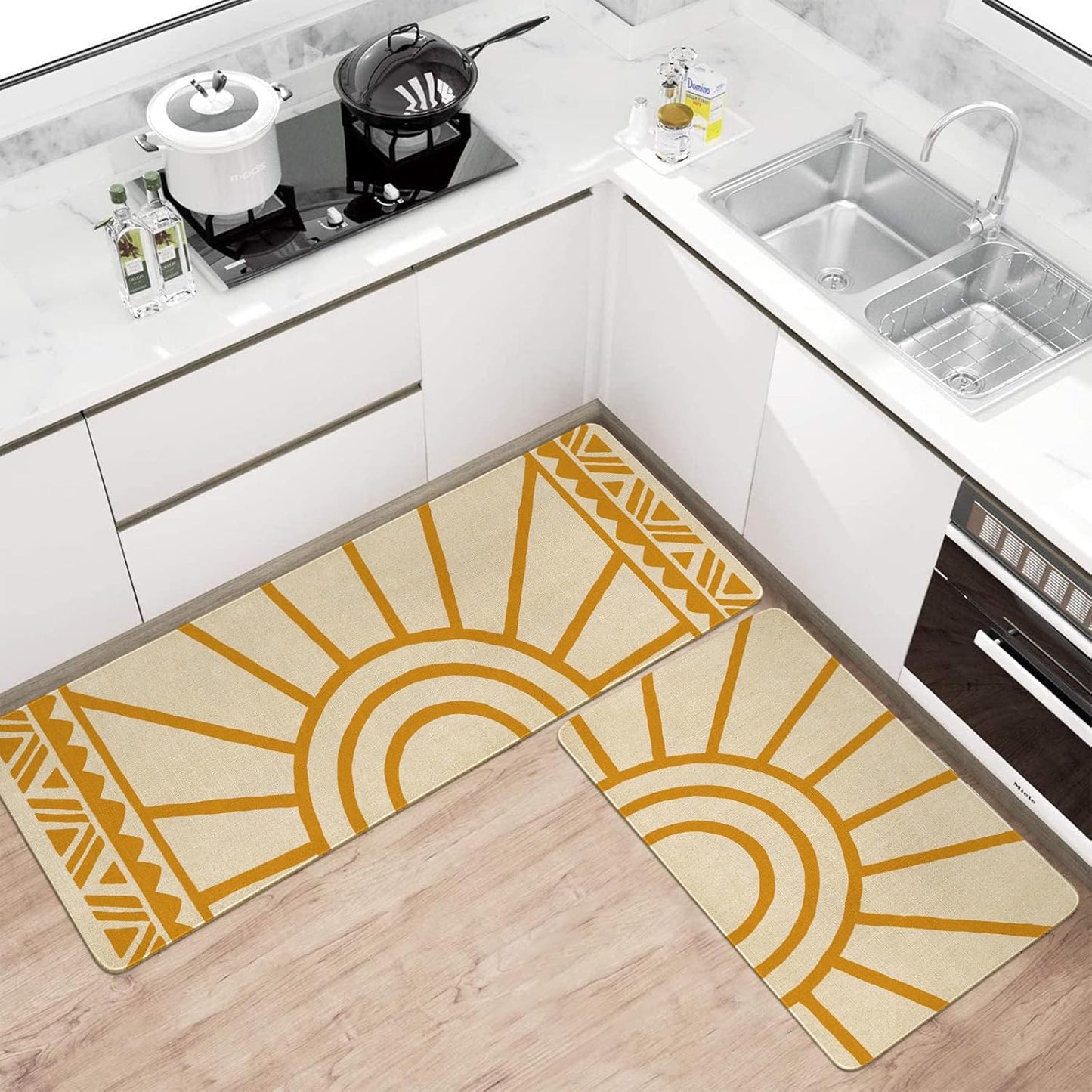 Boho Kitchen Mat Set of 2,Modern Farmhouse Sun Kitchen Rugs and Mats Non Skid Washable,Bohemia Runner Rugs with Rubber Backing for Kitchen Decor Accessories (17"X47"+17"X30")