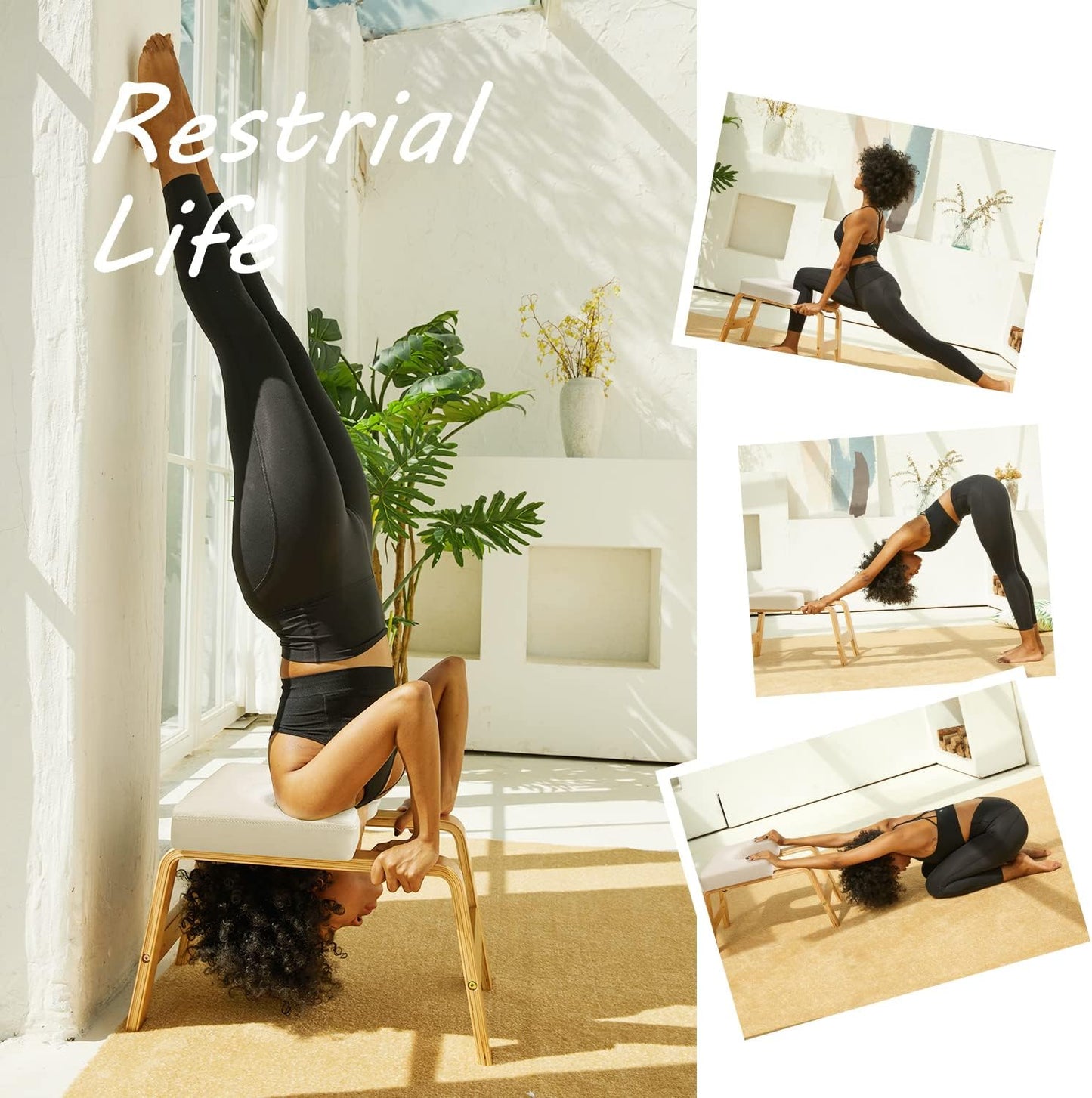 Yoga Headstand Bench- Stand Yoga Chair for Family, Gym - Wood and PU Pads - Relieve Fatigue and Build up Body (White), 25*16.14*15.75Inch