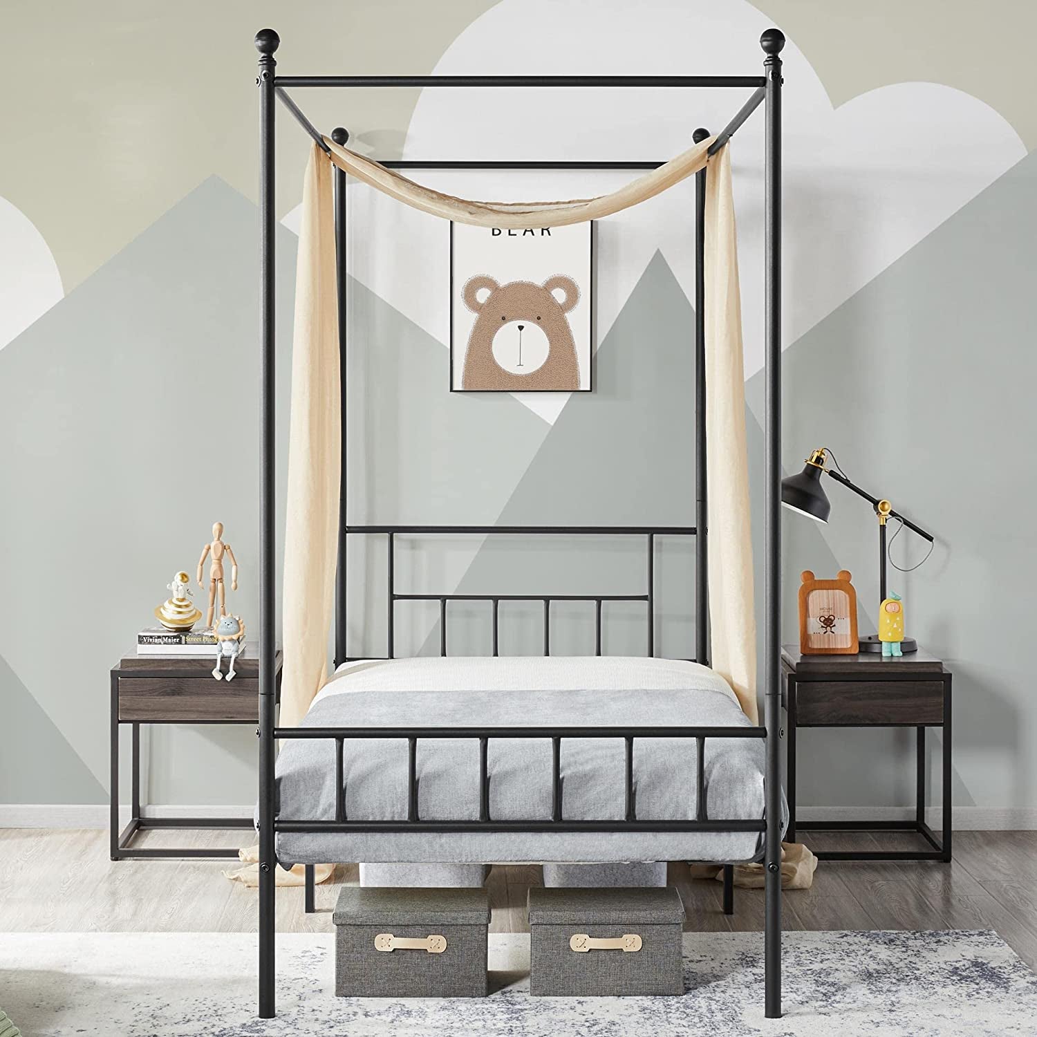 Yaheetech Metal Canopy Platform Bed Frame Four-Poster Canopied Bed Mattress Foundation with Headboard and Footboard Sturdy Slatted Structure No Box Spring Needed Easy Assembly Twin Black