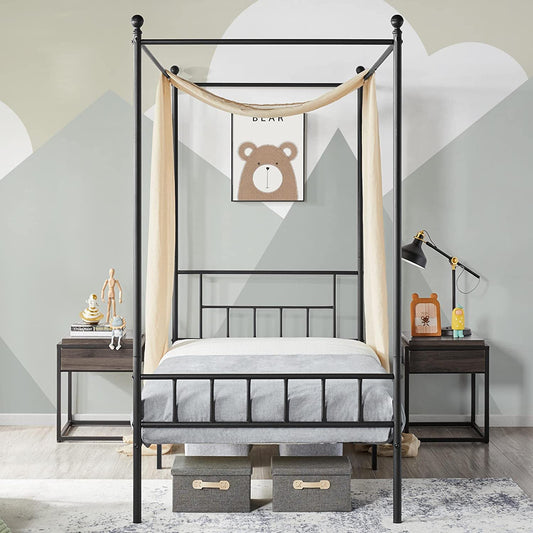 Yaheetech Metal Canopy Platform Bed Frame Four-Poster Canopied Bed Mattress Foundation with Headboard and Footboard Sturdy Slatted Structure No Box Spring Needed Easy Assembly Twin Black