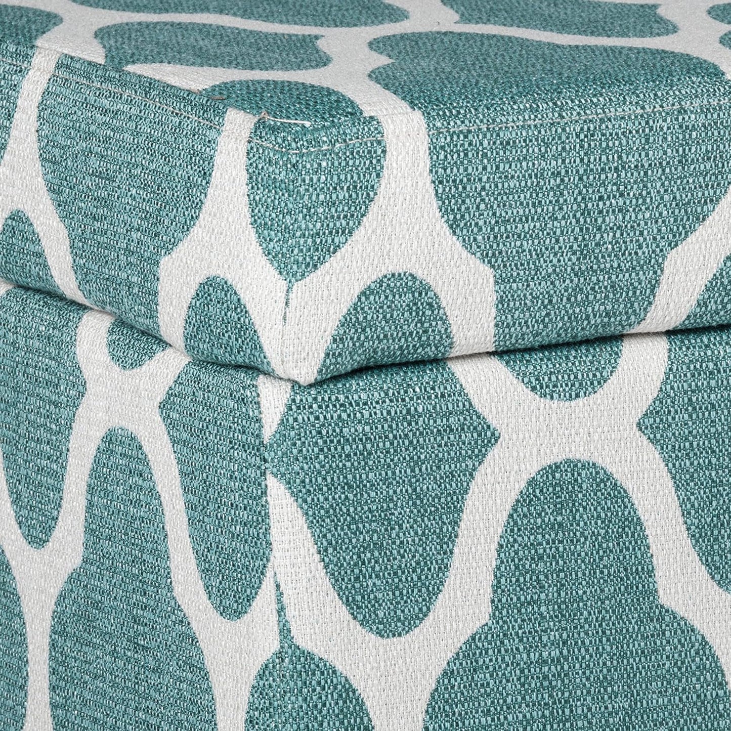 Large Upholstered Rectangular Storage Ottoman Bench with Hinged Lid, Teal Blue Geometric