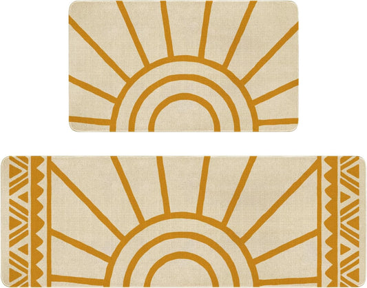 Boho Kitchen Mat Set of 2,Modern Farmhouse Sun Kitchen Rugs and Mats Non Skid Washable,Bohemia Runner Rugs with Rubber Backing for Kitchen Decor Accessories (17"X47"+17"X30")