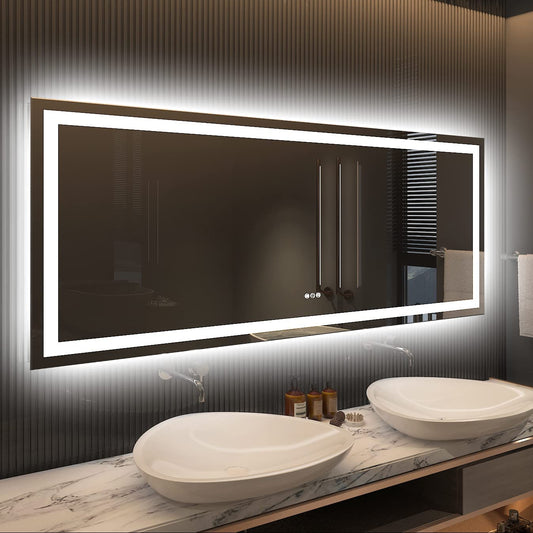 LED Bathroom Mirror, 60" X28" Front-Lit + Backlight Mirror for Wall, Dimmable Vanity Mirrors, Anti-Fog, Memory, 3 Colors Lighting, Shatterproof, ETL Listed