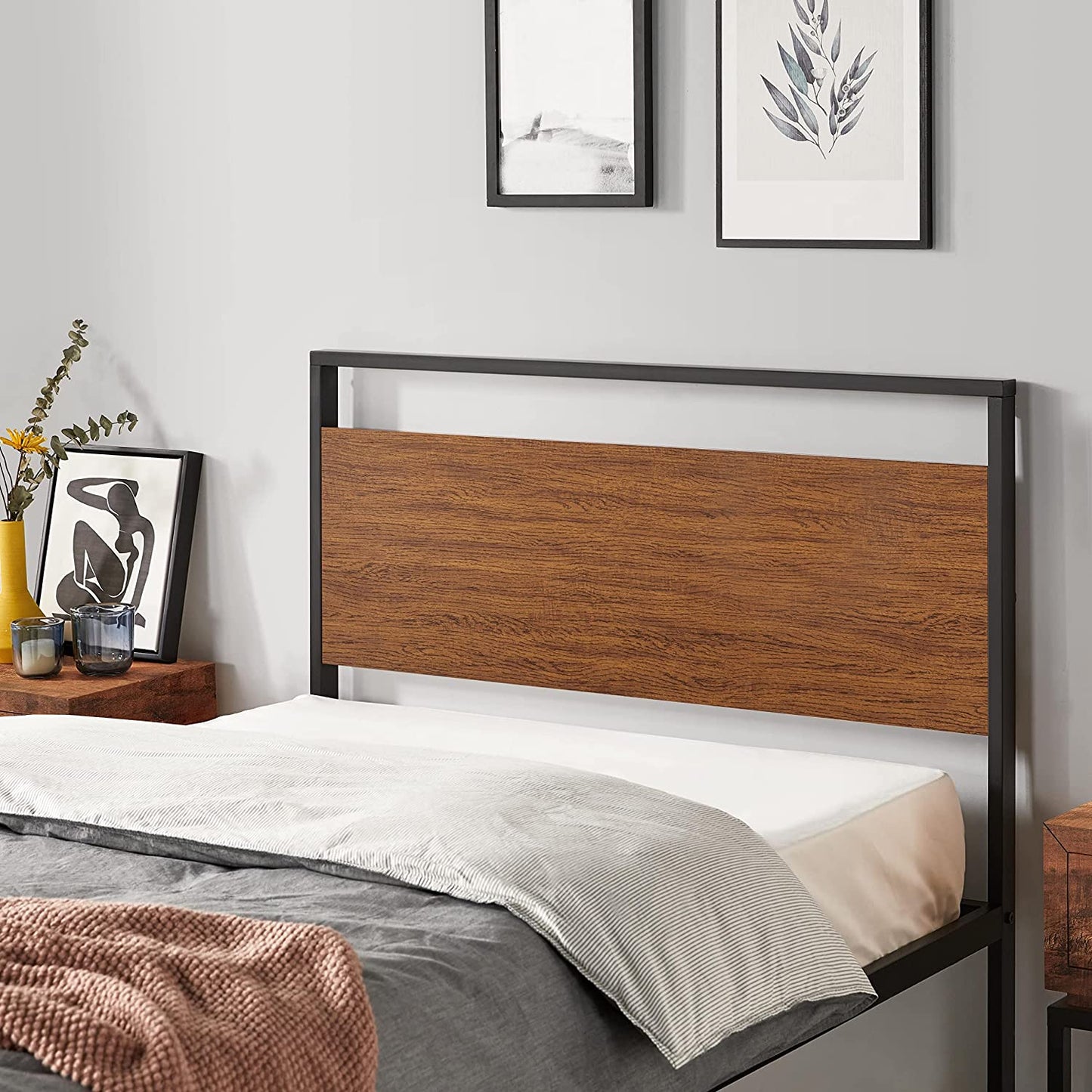 Yaheetech Twin Size Bed Frame, Single Metal Platform Bed with Rustic Wooden Headboard and Footboard, No Box Spring Needed/12 Inch Underbed Storage Space/No Noise/Easy Assembly, Walnut