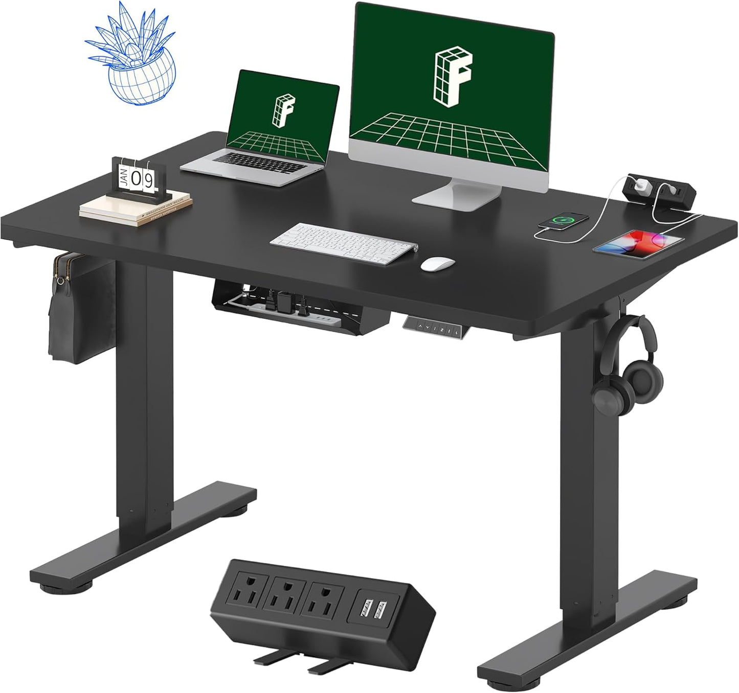 EN2 Whole-Piece Standing Desk with Clamp Power Strip, 48X30 Electric Stand up Height Adjustable Desk with Cable Management (Black Frame + Black Top, 2 Packages)