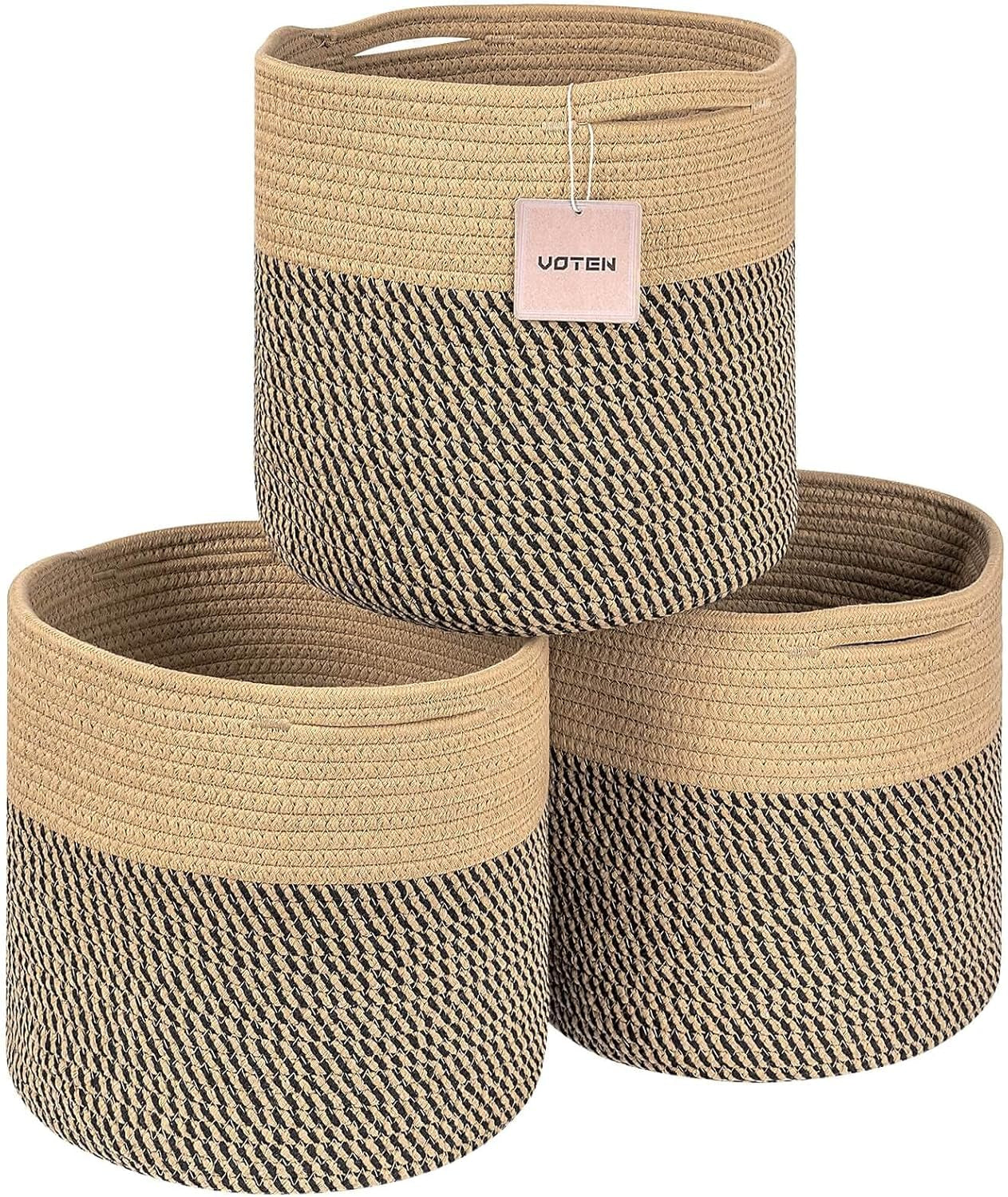 Storage Cubes Baskets Bins Organizer 11X11X11'' Fit 12X12''Cube Storage Organizer Bookcases Shelf,Durable Woven Cotton Storage Basket for Organizing,Round 3Pack Camel/Mixed Black