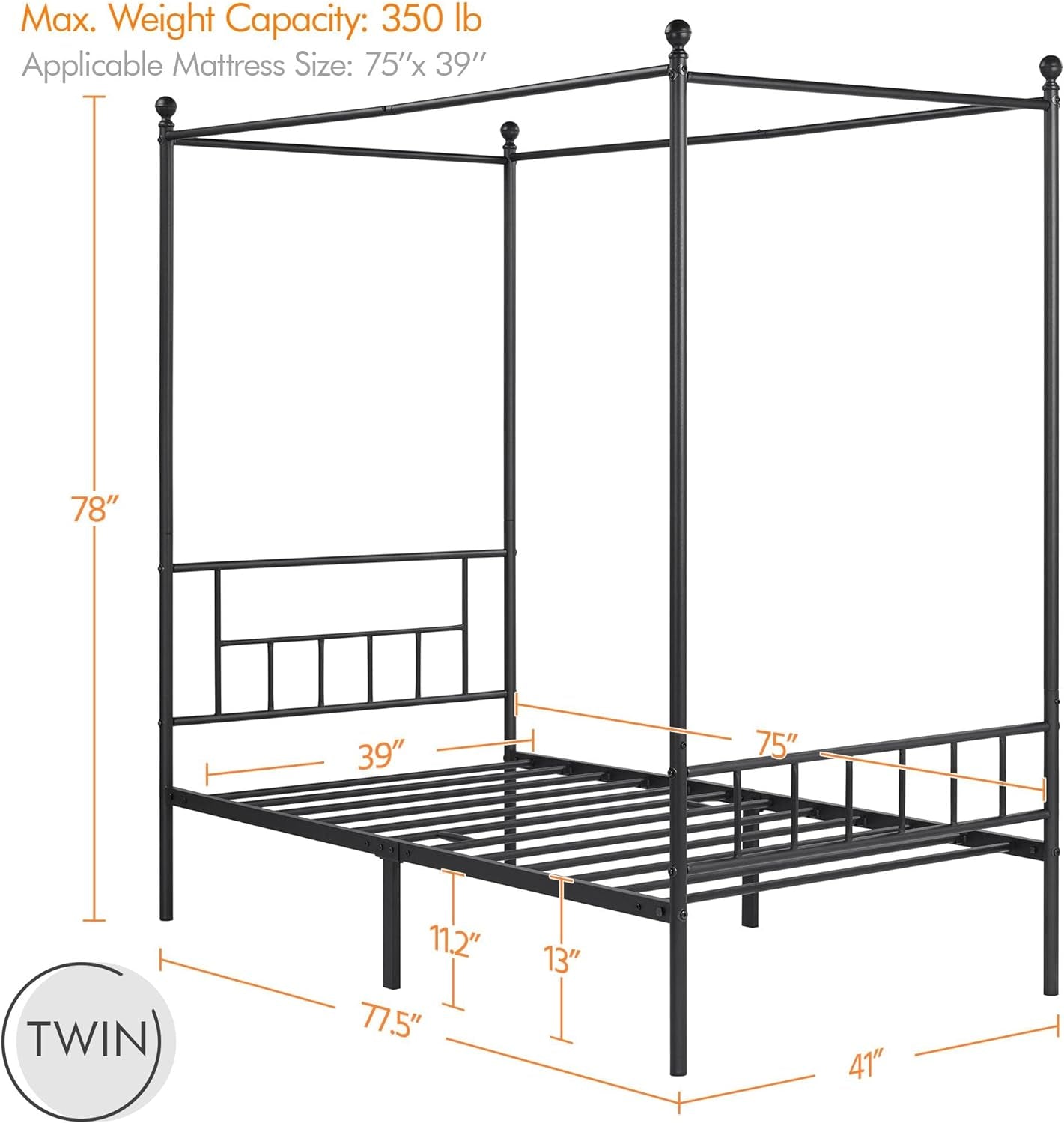 Yaheetech Metal Canopy Platform Bed Frame Four-Poster Canopied Bed Mattress Foundation with Headboard and Footboard Sturdy Slatted Structure No Box Spring Needed Easy Assembly Twin Black