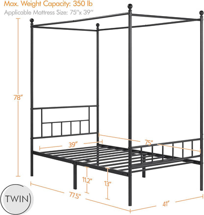 Yaheetech Metal Canopy Platform Bed Frame Four-Poster Canopied Bed Mattress Foundation with Headboard and Footboard Sturdy Slatted Structure No Box Spring Needed Easy Assembly Twin Black