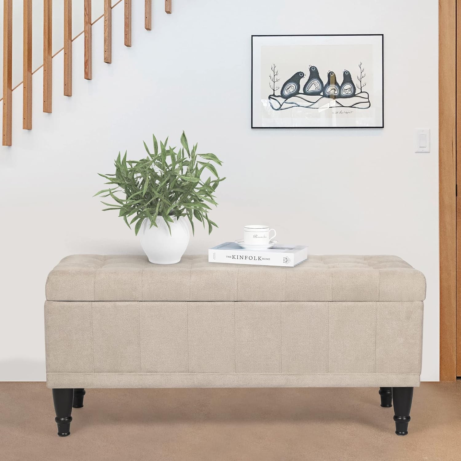 Storage Ottoman Linen Fabric Upholstered Tufted Bench with Wood Legs, Rectangular Coffee Table Footstool for Bedroom Living Room Entryway (Beige)