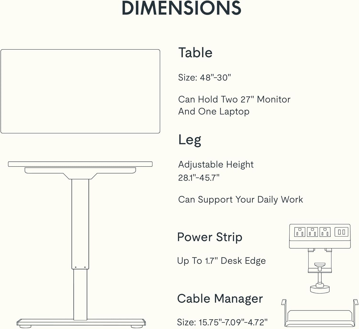 EN2 Whole-Piece Standing Desk with Clamp Power Strip, 48X30 Electric Stand up Height Adjustable Desk with Cable Management (Black Frame + Black Top, 2 Packages)