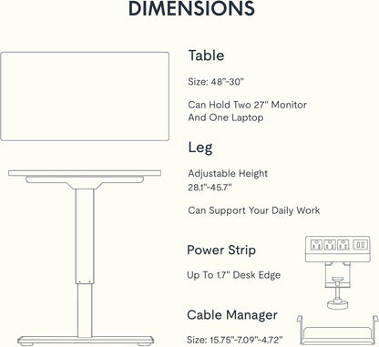 EN2 Whole-Piece Standing Desk with Clamp Power Strip, 48X30 Electric Stand up Height Adjustable Desk with Cable Management (Black Frame + Black Top, 2 Packages)