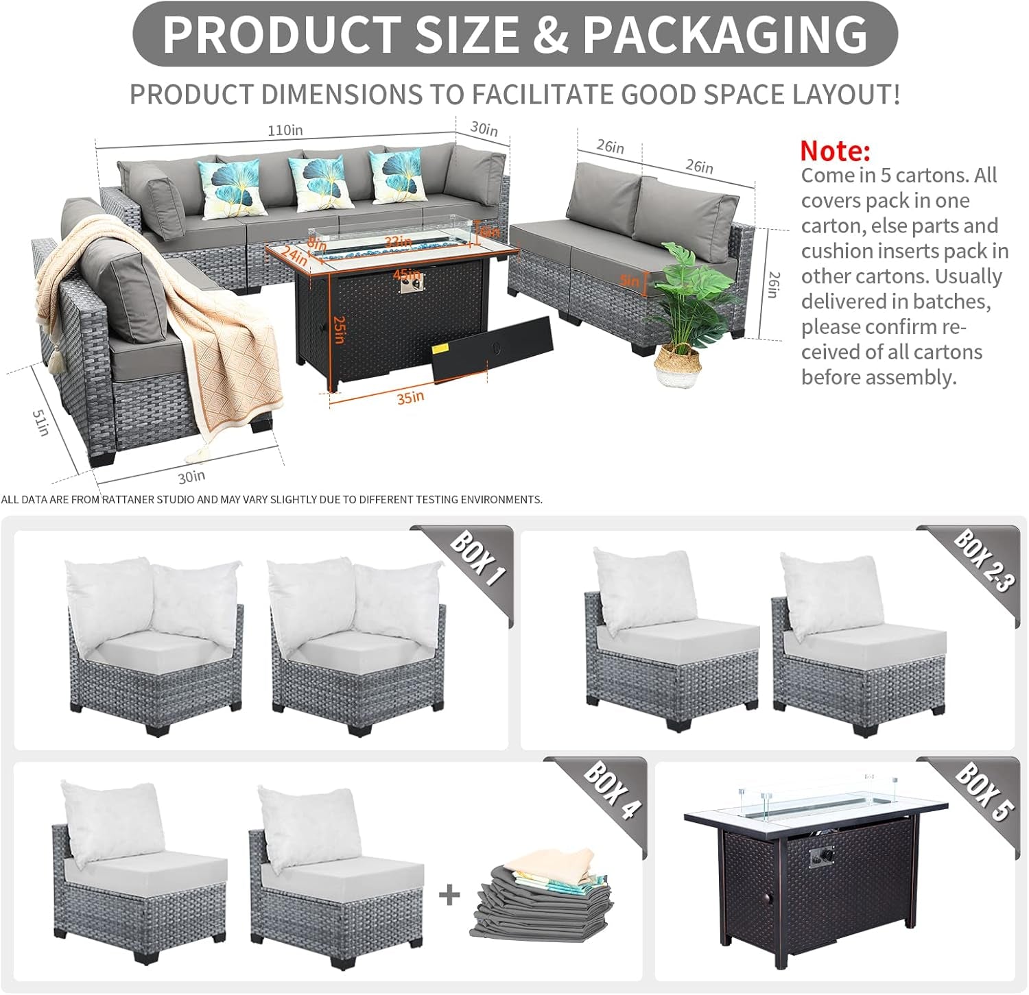 9 Pcs Patio Sectional Outdoor Furniture 45 Inches Fire Pit Outdoor Sectional Patio Furniture 60000 BTU Steel Propane Fire Pit Table Glass Wind Guard No-Slip 5" Cushions Waterproof Covers, Grey