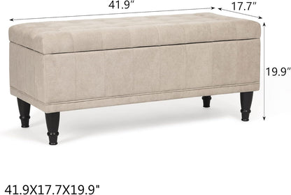 Storage Ottoman Linen Fabric Upholstered Tufted Bench with Wood Legs, Rectangular Coffee Table Footstool for Bedroom Living Room Entryway (Beige)