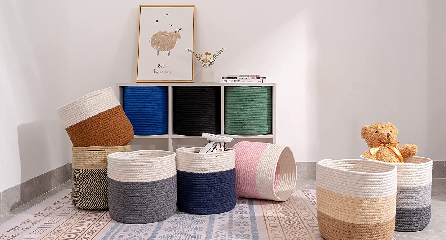 Storage Cubes Baskets Bins Organizer 11X11X11'' Fit 12X12''Cube Storage Organizer Bookcases Shelf,Durable Woven Cotton Storage Basket for Organizing,Round 3Pack Camel/Mixed Black