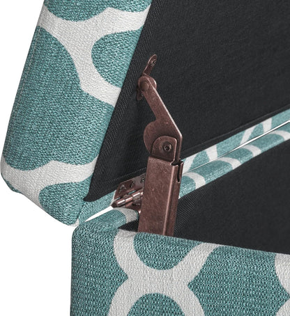 Large Upholstered Rectangular Storage Ottoman Bench with Hinged Lid, Teal Blue Geometric