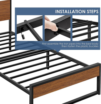 Yaheetech Twin Size Bed Frame, Single Metal Platform Bed with Rustic Wooden Headboard and Footboard, No Box Spring Needed/12 Inch Underbed Storage Space/No Noise/Easy Assembly, Walnut