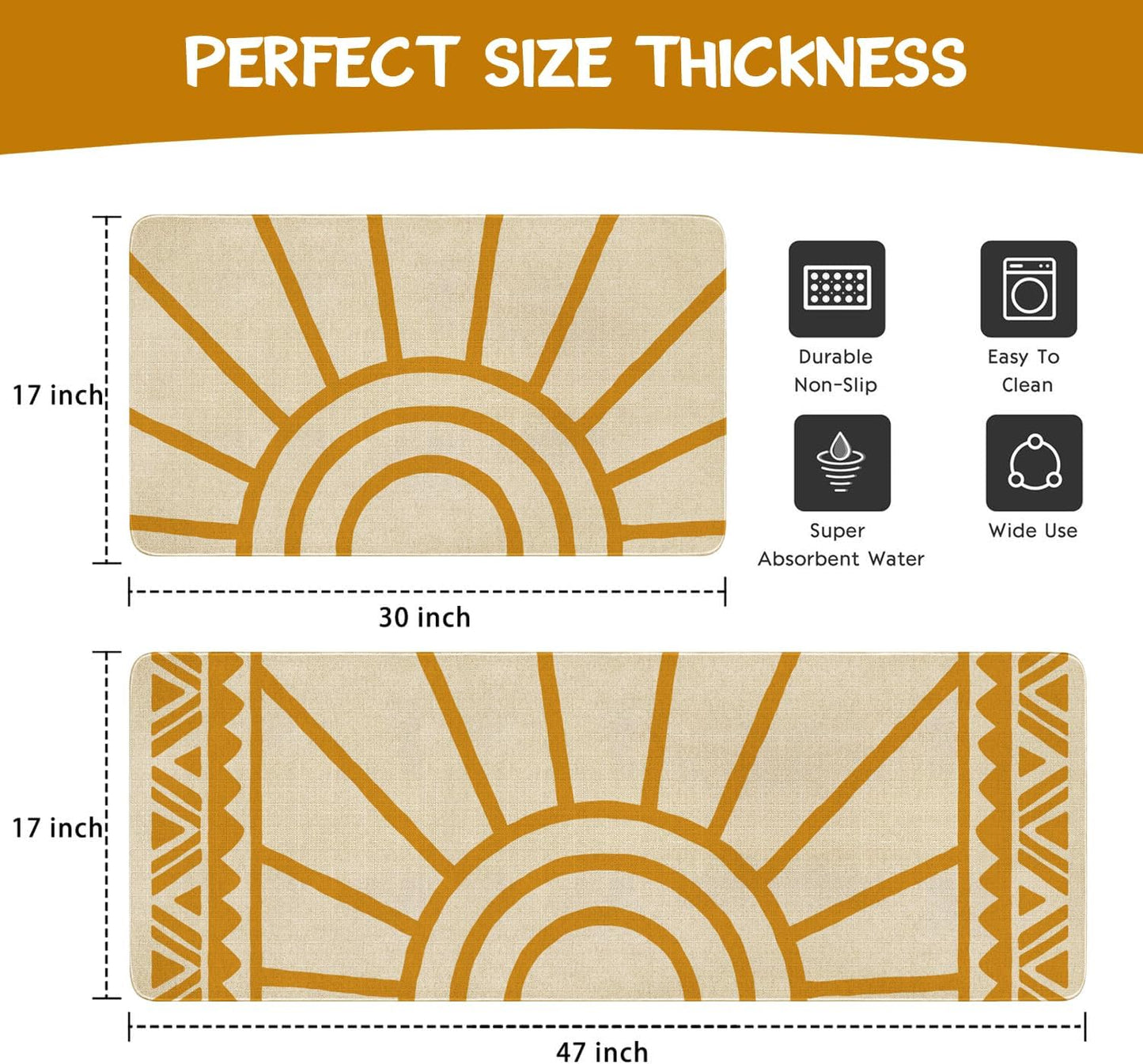 Boho Kitchen Mat Set of 2,Modern Farmhouse Sun Kitchen Rugs and Mats Non Skid Washable,Bohemia Runner Rugs with Rubber Backing for Kitchen Decor Accessories (17"X47"+17"X30")