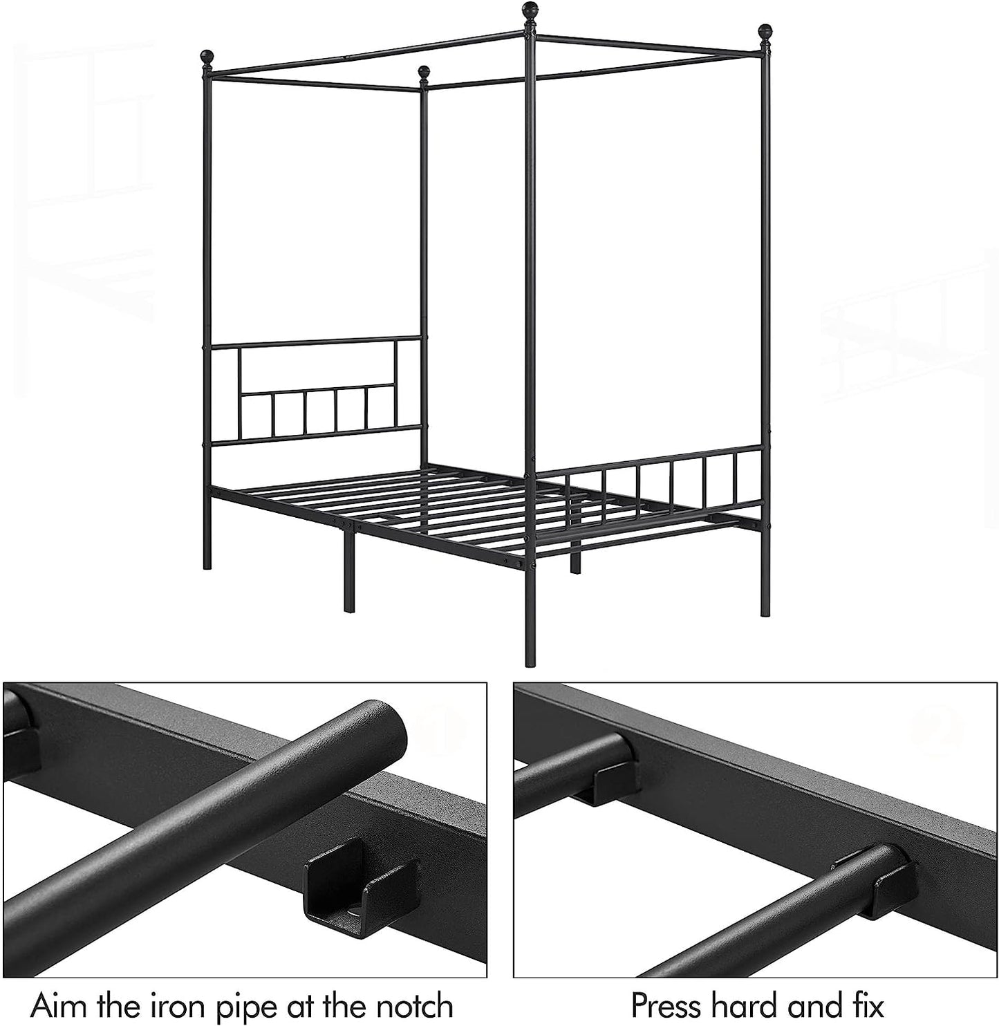 Yaheetech Metal Canopy Platform Bed Frame Four-Poster Canopied Bed Mattress Foundation with Headboard and Footboard Sturdy Slatted Structure No Box Spring Needed Easy Assembly Twin Black