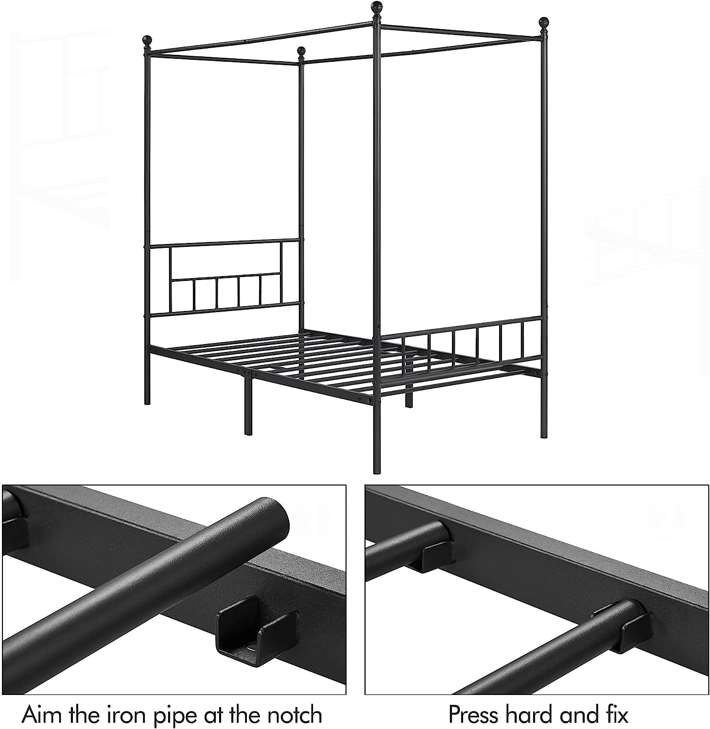Yaheetech Metal Canopy Platform Bed Frame Four-Poster Canopied Bed Mattress Foundation with Headboard and Footboard Sturdy Slatted Structure No Box Spring Needed Easy Assembly Twin Black