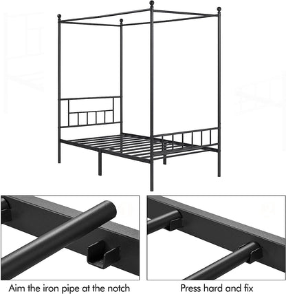 Yaheetech Metal Canopy Platform Bed Frame Four-Poster Canopied Bed Mattress Foundation with Headboard and Footboard Sturdy Slatted Structure No Box Spring Needed Easy Assembly Twin Black