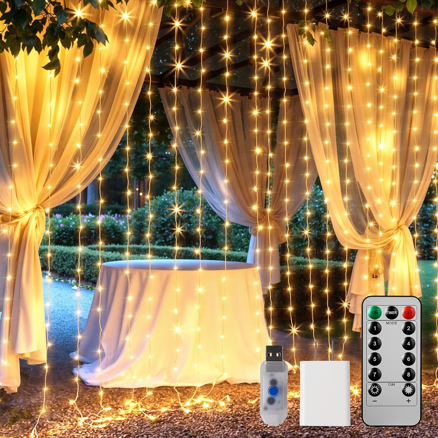 300 LED Curtain Lights, 9.8 FT Plug in Fairy Lights for Bedroom, 8 Lighting Modes, Christmas String Lights for Window Wall Wedding Party Birthday Christmas Decorations, Warm White