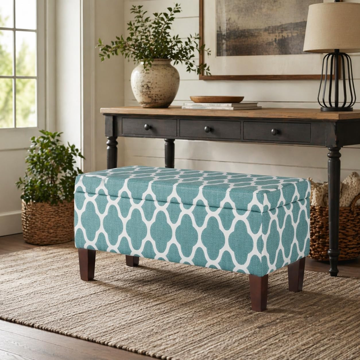Large Upholstered Rectangular Storage Ottoman Bench with Hinged Lid, Teal Blue Geometric