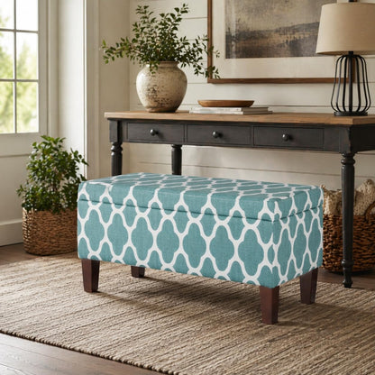 Large Upholstered Rectangular Storage Ottoman Bench with Hinged Lid, Teal Blue Geometric